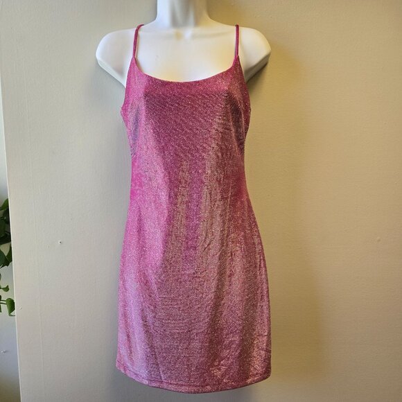 90s style Pink Glittery Bodycon Mini Dress Adjustable Straps Y2K Party Sparkly 9 - Picture 1 of 14